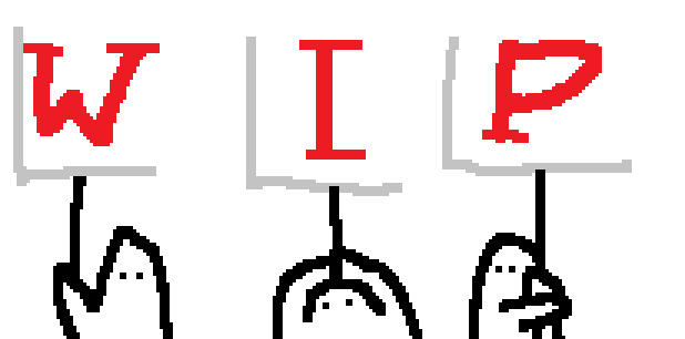 Three doodled characters holding 'WIP' signs.